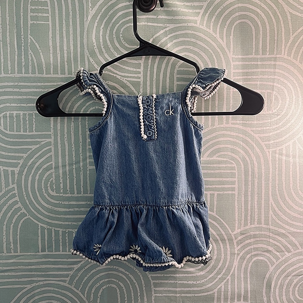 Calvin Klein Jeans Baby Girl Denim Romper 18M Ruffle Pom Trim